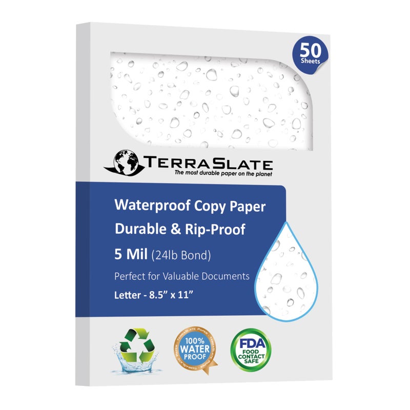 TerraSlate Waterproof Paper, 5 MIL 8.5â€ x 11â€, Laser Printer & Copy Machine Compatible, Durable & Rain/Weather-Proof Copy Paper, White Paper (50 Sheets) - Image 1